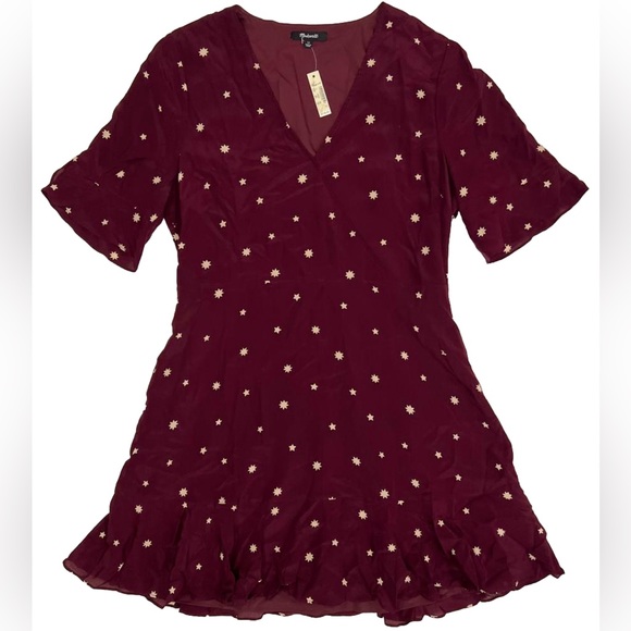 NWT MADEWELL 100% SILK Vneck Short Sleeve Flutter Hem Lined Dress Stars 12 - Picture 4 of 15
